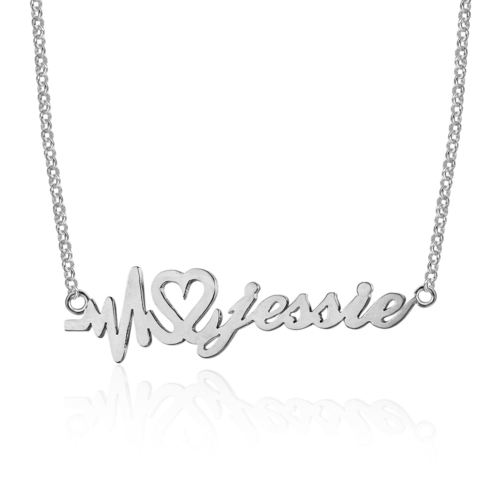 Heartbeat Personalized Name Silver Necklace