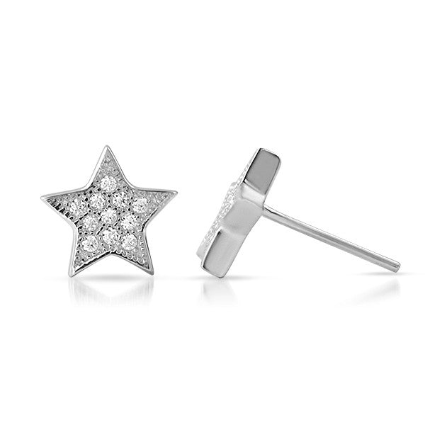 Silver CZ Micropave Star Stud Earrings