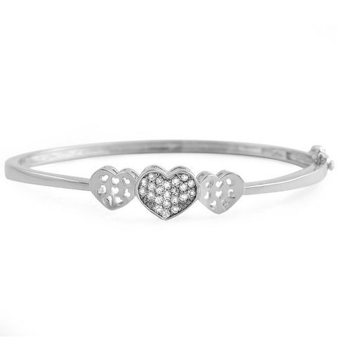 Silver Tone 3 Hearts Simulated Diamond Bangle