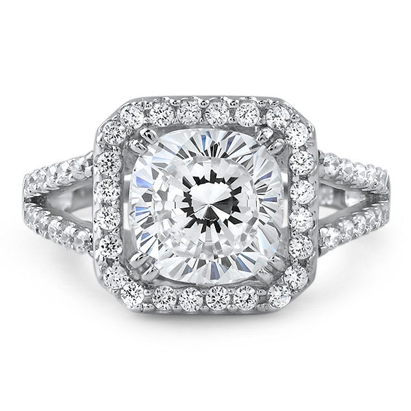 2.5 CTW CZ Cushion Cut Split Shank Halo Ring