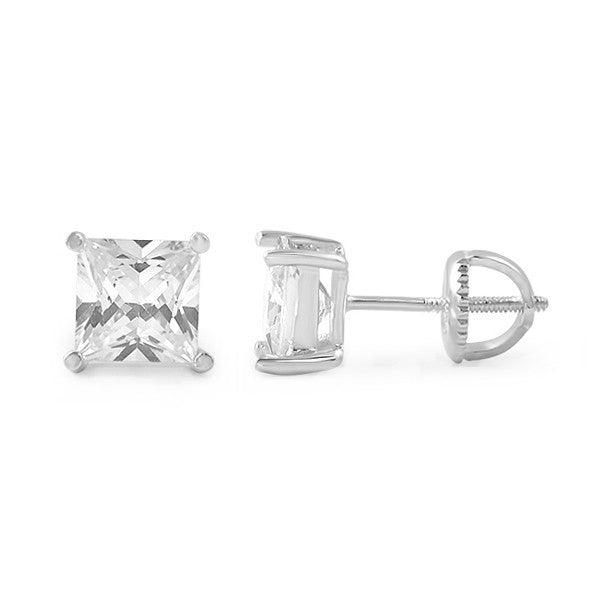 Silver Princess Cut CZ Studs Screwback
