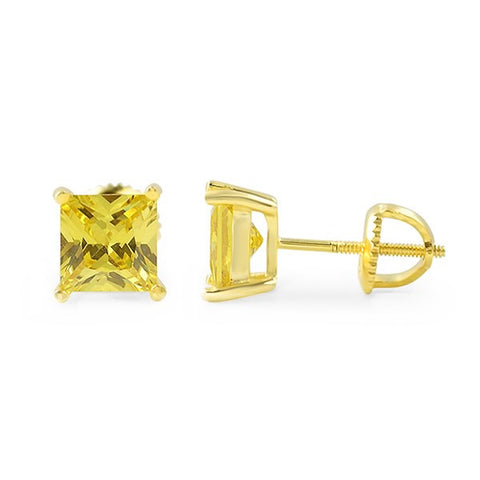 Canary Princess Cut CZ Studs Screwback