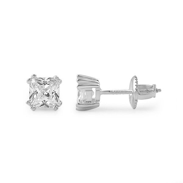 Silver Fancy Princess Cut CZ Studs Screwback