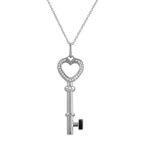 Silver Signity CZ Heart Key Necklace