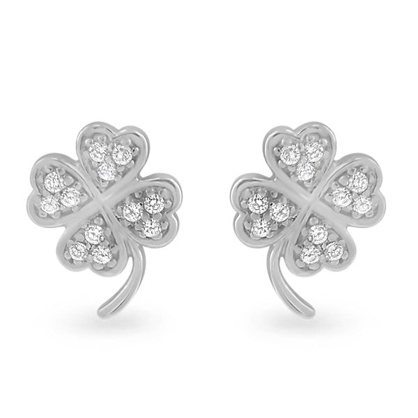Sterling Silver CZ Lucky 4 Leaf Clover Stud Earrings