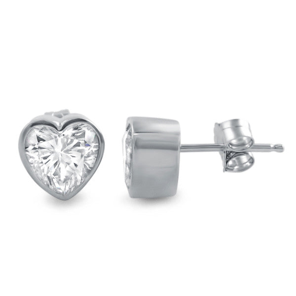 Sterling Silver 1.50 CTW Heart Shape Bezel Set Studs