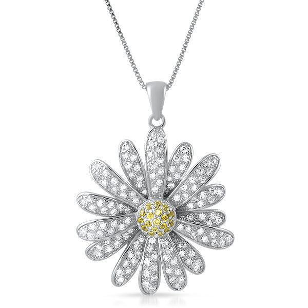 Sterling Silver CZ Sunflower Pendant w/Chain