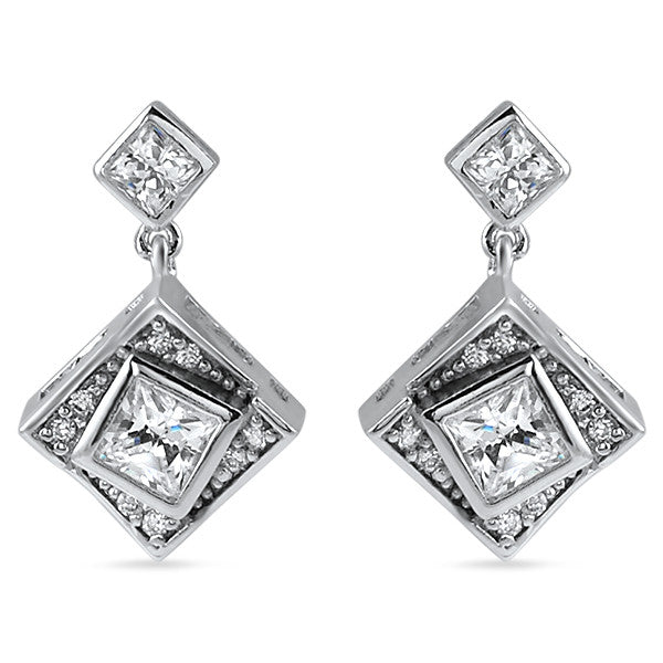 Silver Princess Cut CZ Drop Down Earrings