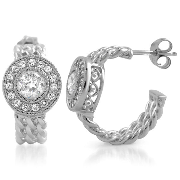 Silver Fancy Braided CZ Halo Huggie Earrings