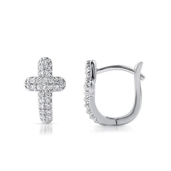 Silver CZ Pave Cross Huggies Earrings