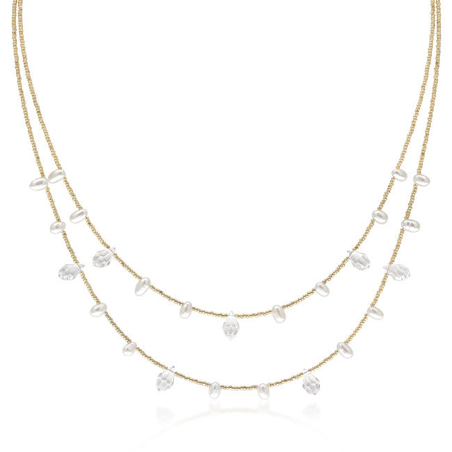 Gold Tone Glass Pearl Fashion Necklace