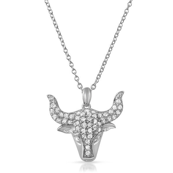 Silver CZ Pave Set Bull Pendant Chain Set