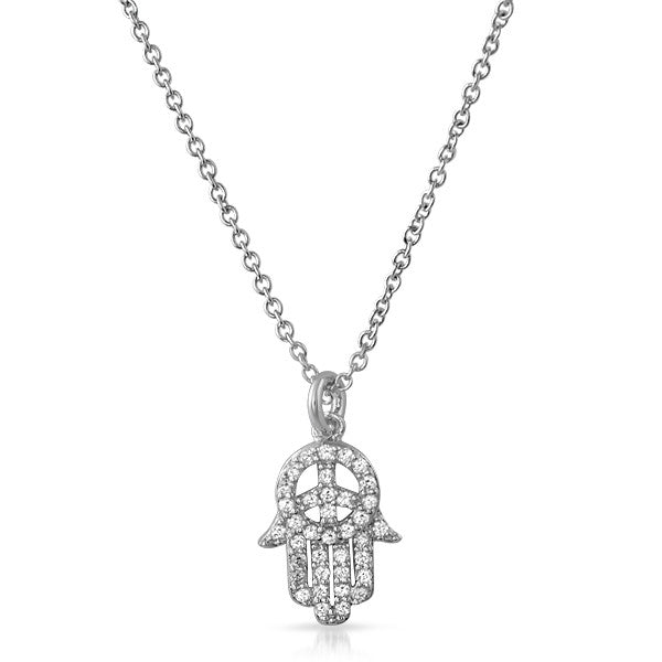 CZ Peace Symbol Hamsa Silver Necklace