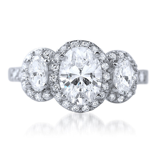 2 CTW 3 Stone Oval Cut Halo CZ Engagement Ring