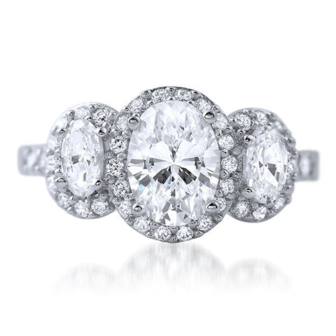 2 CTW 3 Stone Oval Cut Halo CZ Engagement Ring