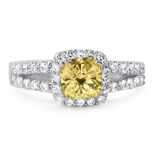 2.10 CTW Cushion Cut Canary CZ Split Shank Ring