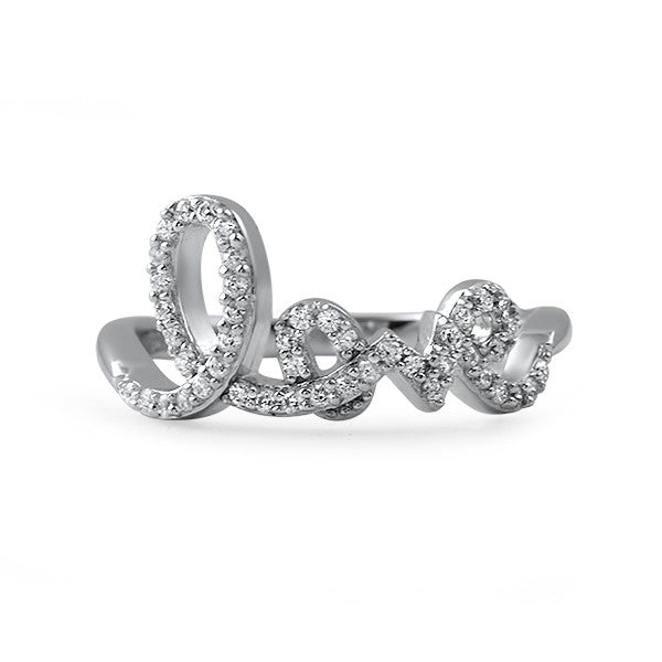 Silver Signity CZ Love Script Ring