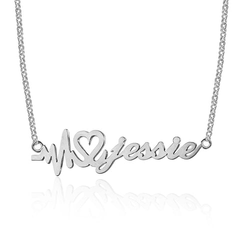 Heartbeat Personalized Name Silver Necklace