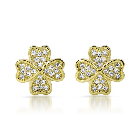 Gold CZ Micropave Clover Stud Earrings