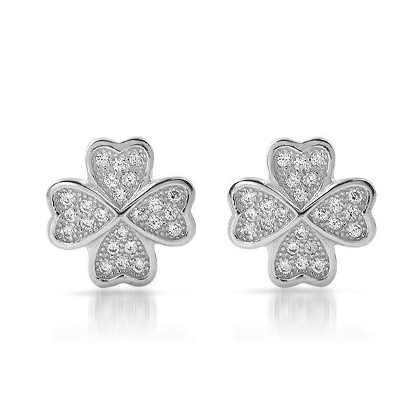 Silver CZ Micropave Clover Stud Earrings