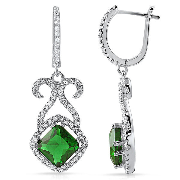 Silver Fancy Green Crystal Dangling Earrings