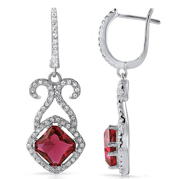 Silver Fancy Ruby Red Crystal Drop Earrings