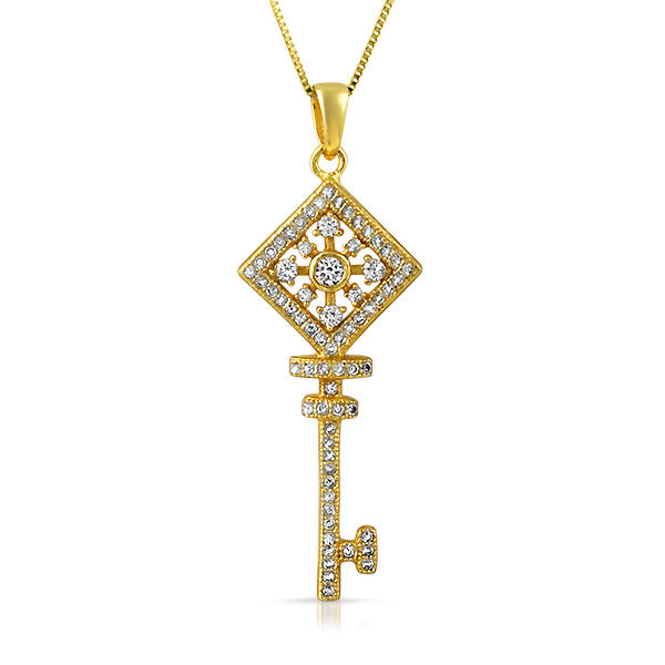 Gold Finish Cubic Zirconia Key Necklace