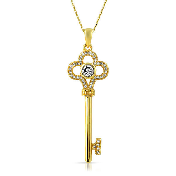 Gold Classy CZ Key Pendant With Chain