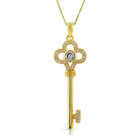Gold Classy CZ Key Pendant With Chain