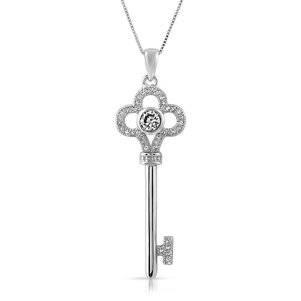 Silver Classy CZ Key Pendant With Chain