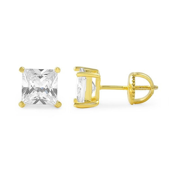 Gold Princess Cut CZ Studs Screwback