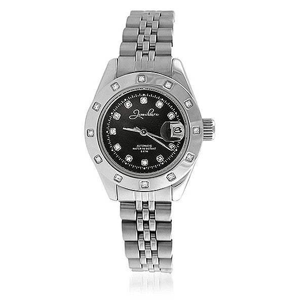 Classic Steel Automatic Watch CZ Bezel Black