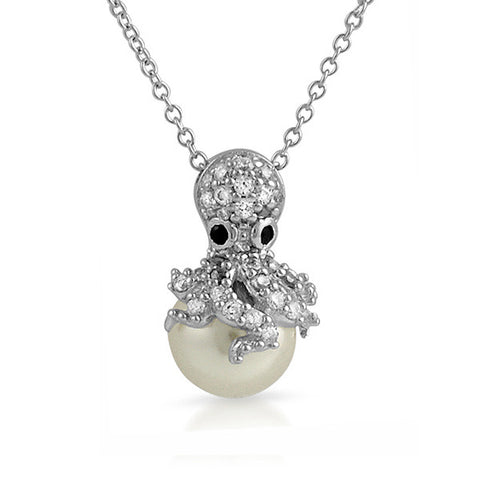 925 Silver Synthetic Pearl Octopus CZ Necklace