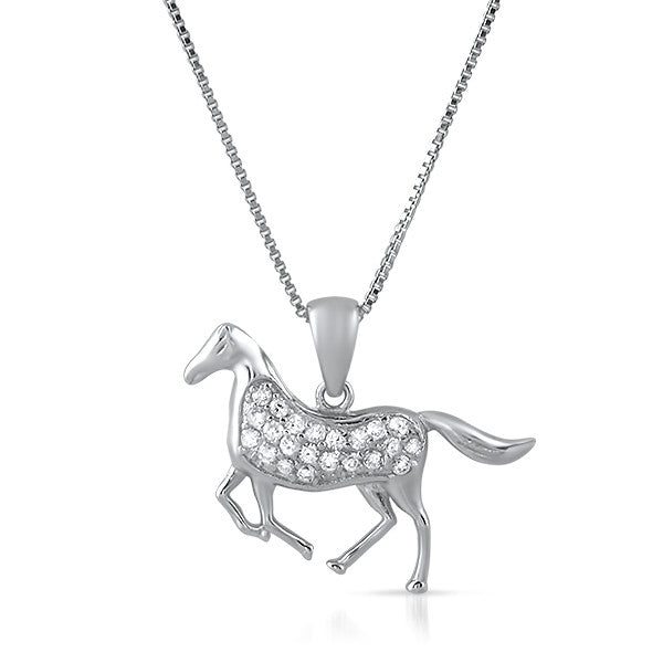 Sterling Silver CZ Horse Pendant Necklace Set