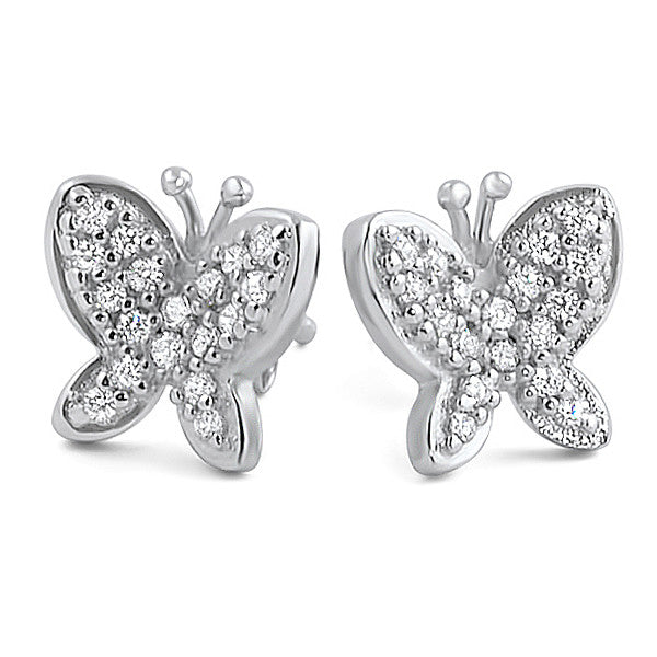 Sterling Silver CZ Pave Butterfly Stud Earrings