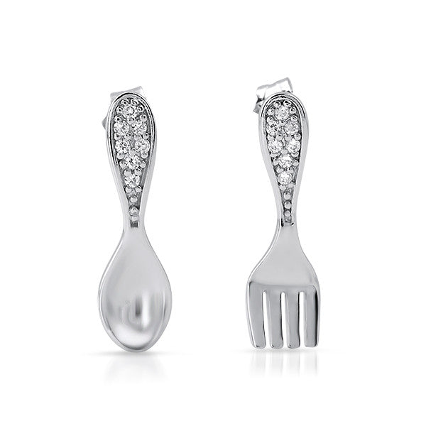 Silver CZ Fork and Spoon Earrings