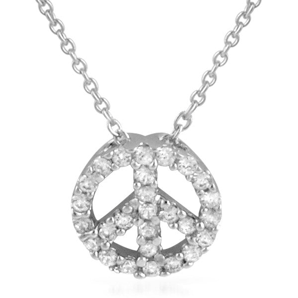 925 Silver Peace Sign CZ Charm Necklace