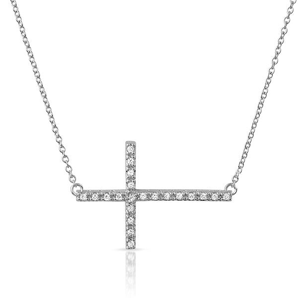 Silver CZ Small Sideways Cross Necklace