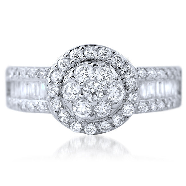2.45 CTW Cluster CZ Halo Ring With Baguette Accents